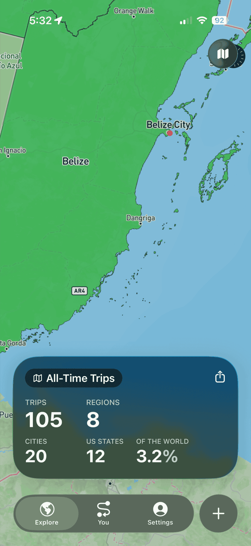 The Trippy map along the Belize coast with visited cities pinned