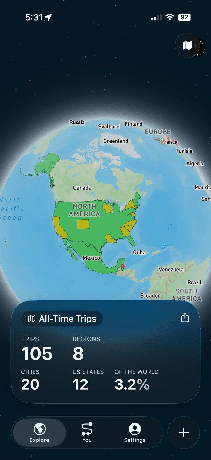 The Trippy globe showing visited countries filled in green, with all-time trip stats