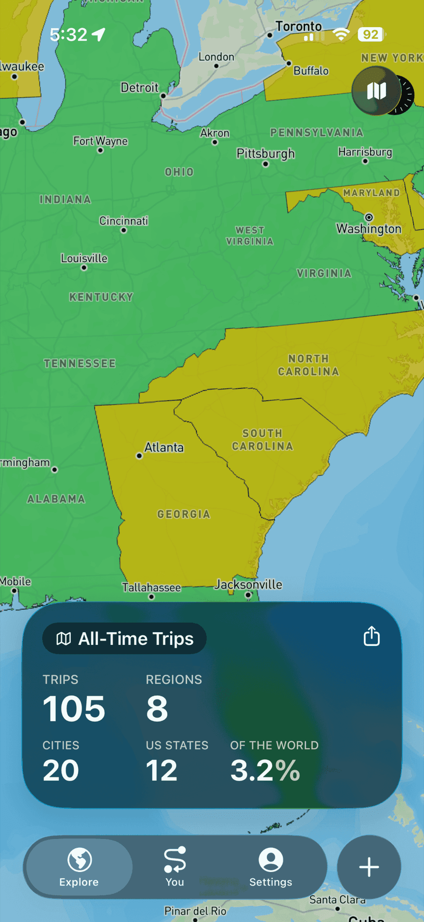 The Trippy map zoomed to the US east coast, states filled green and gold
