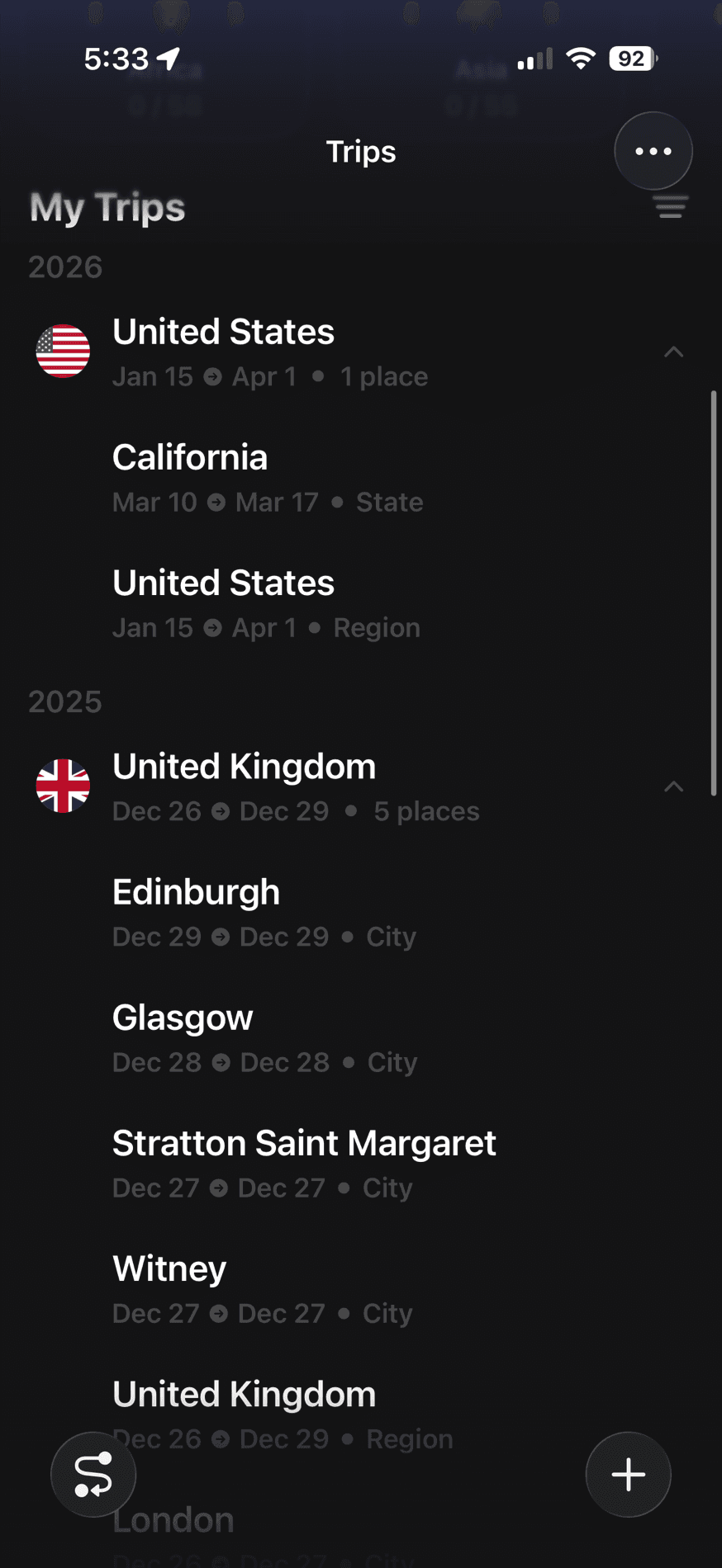 The Trippy trips list, grouped by year, expanded to show cities inside a UK trip