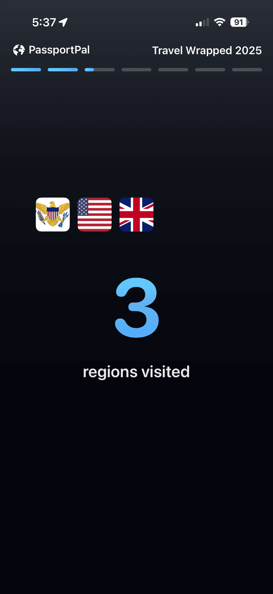 Travel Wrapped screen — 3 regions visited with their flags