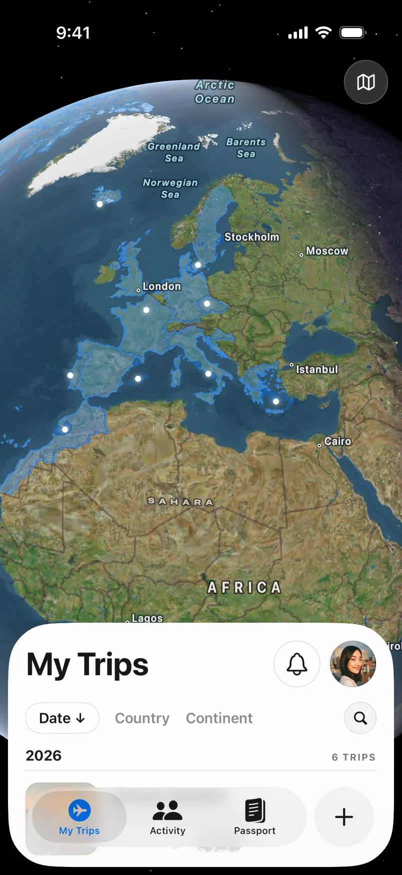 Trippy’s globe showing every place Maya has visited across Europe