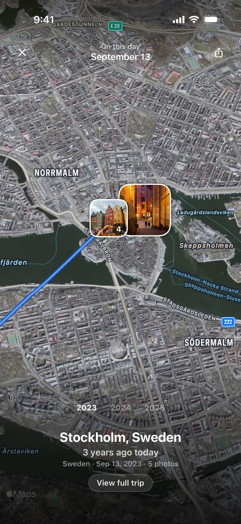 A memory from Stockholm, three years ago today, pinned on a satellite map