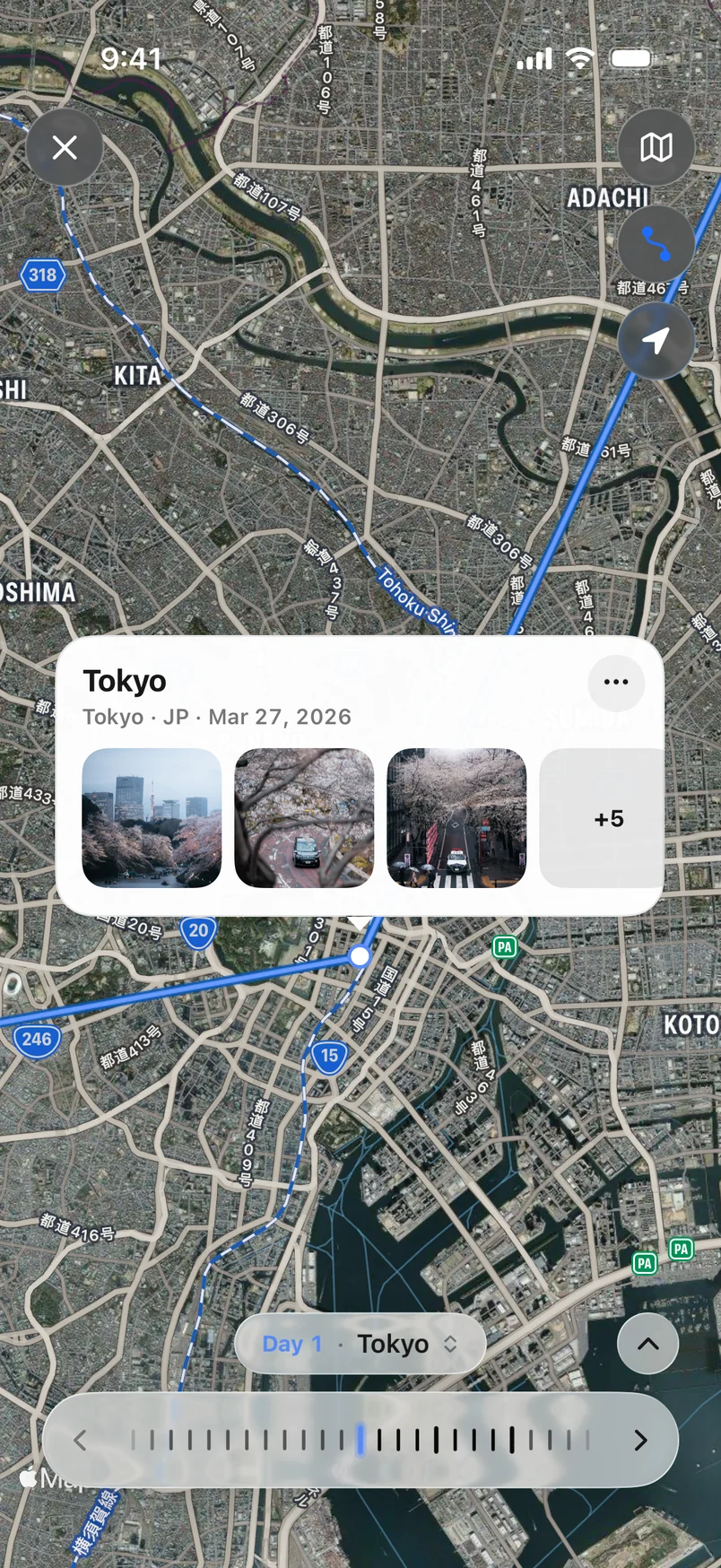 Route mode over Tokyo with a photo card for the stop