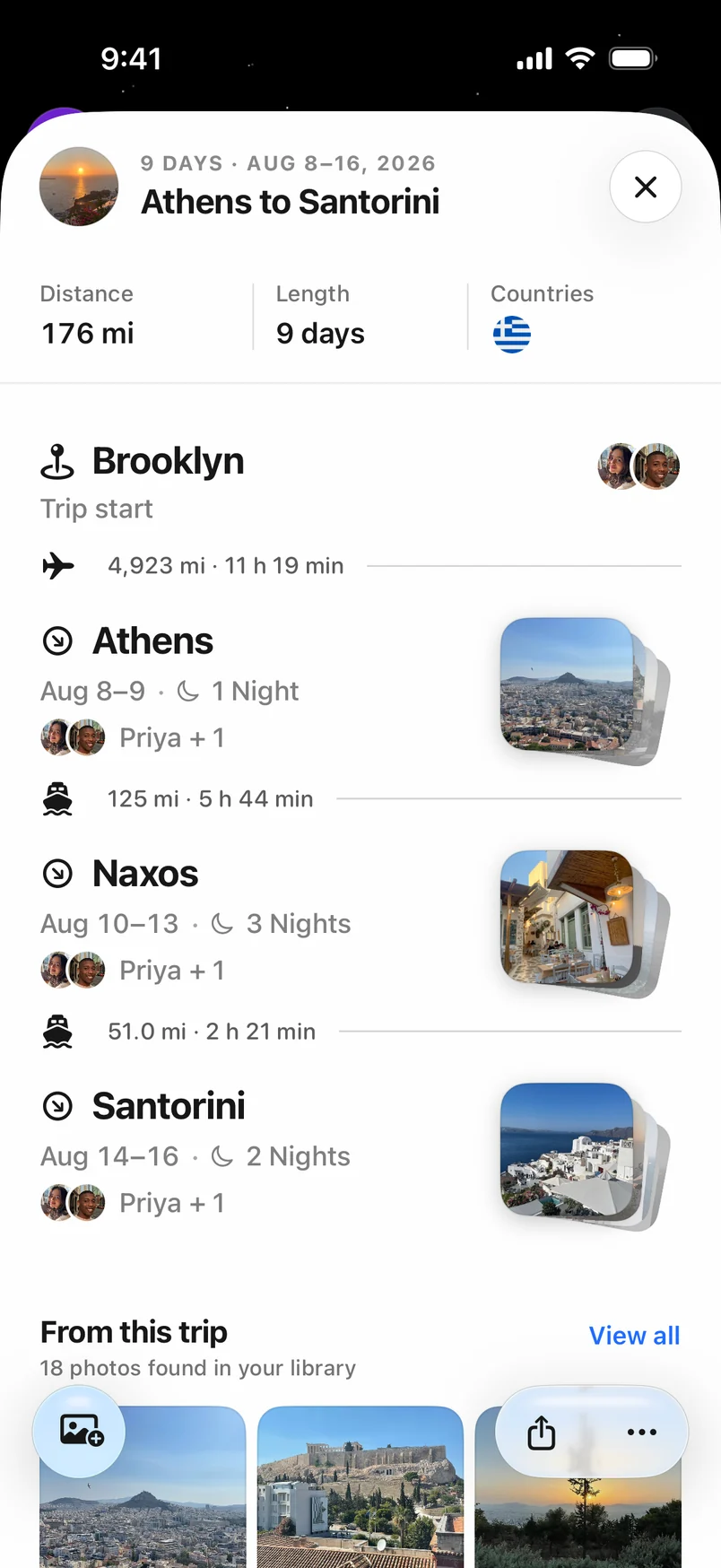 Athens to Santorini timeline with stops and nights